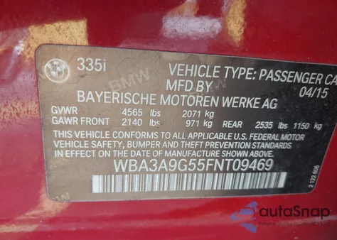 2015 BMW 335I из США, поврежденный, VIN WBA3A9G55FNT09469